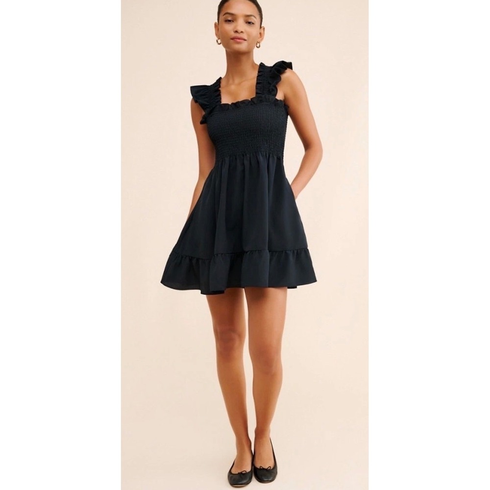 Hill House Elizabeth Nap Dress Black Smocked Ruffle Mini Dress Medium